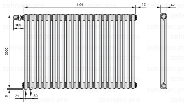 Схема (чертеж) Радиатор Zehnder Charleston 2300/24 №V001 Белый глянцевый RAL 9016